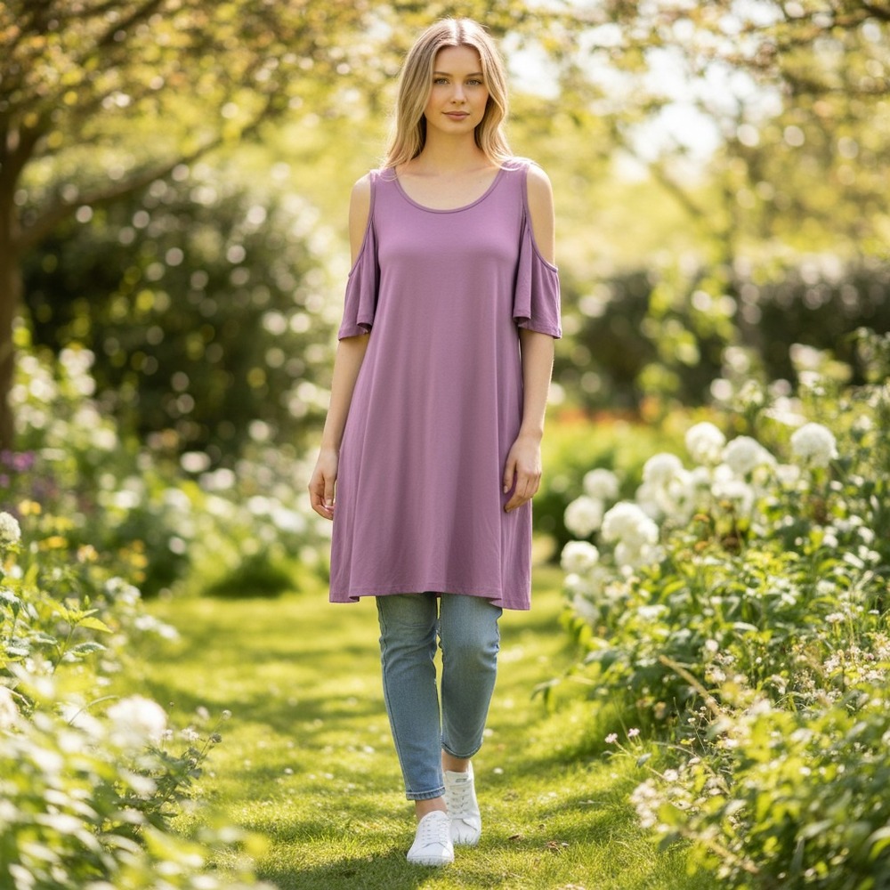 Rewind Cold Shoulder Dress 1X Mauve Excellent Short Sleeve Mini Jersey Knit